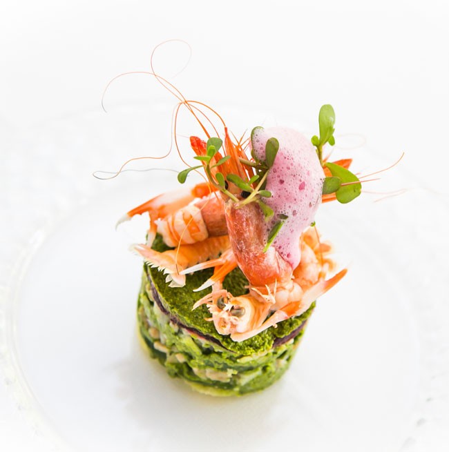 Elegant presentation of a seafood first course from the La Punta Restaurant