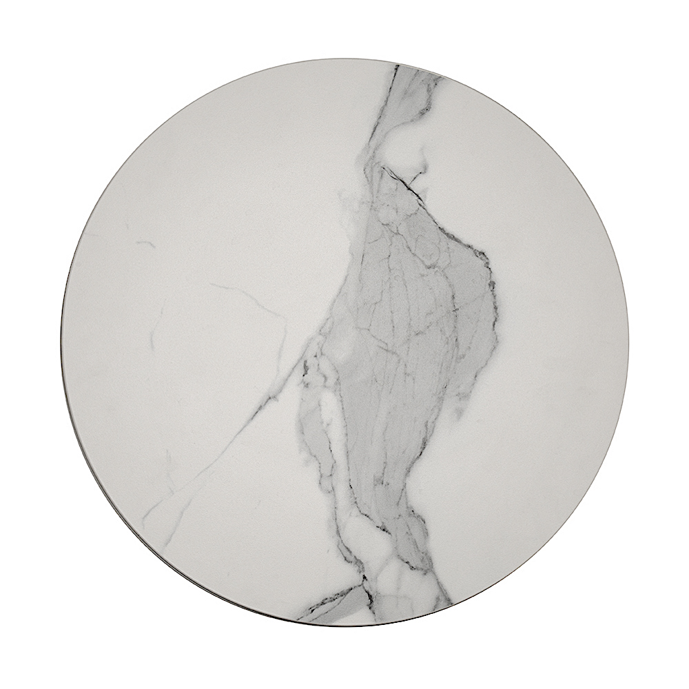 Round top for Tulip Table: statuario marble ceramic.