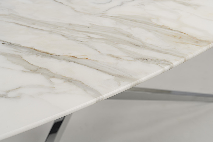Table Florence, dessin par Florence Knoll, detail avec plateau ronde en marbre Calacatta Oro
